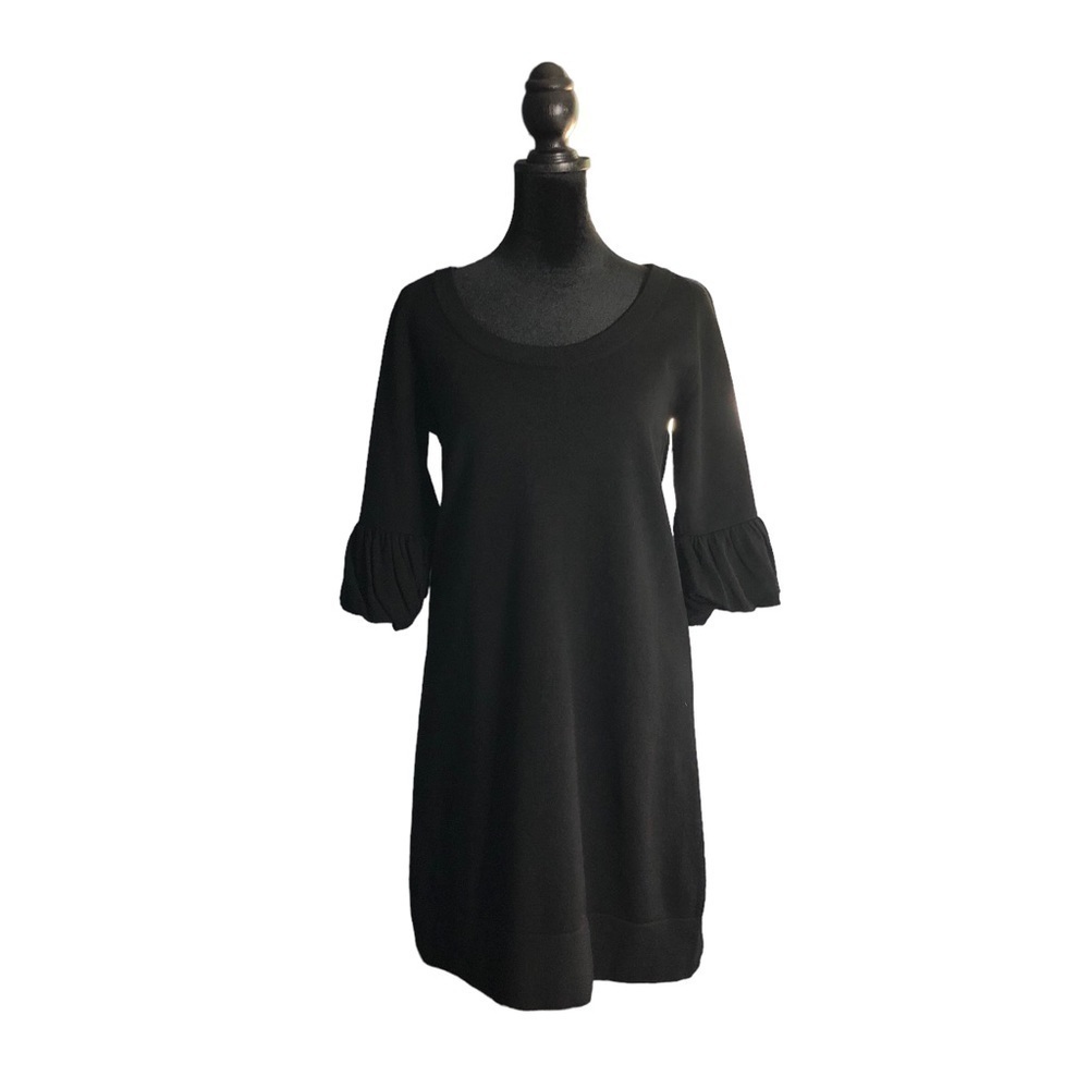 Theory Bergdorf Goodman Black Round Neck Elbow Bell Sleeve Akala Wool Dress, Med